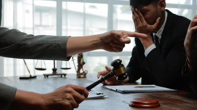 Professional businessman experiencing intense stress during legal confrontation, covering face while lawyer points accusingly and holds gavel during courtroom proceedings