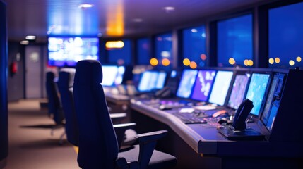Control room at night with illuminated screens and equipment, showcasing maritime operations in progress