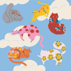 Cute cats doodle vector set. Cartoon cats characters design collection with flat color in different poses. Carton design. All ellements is isolated 