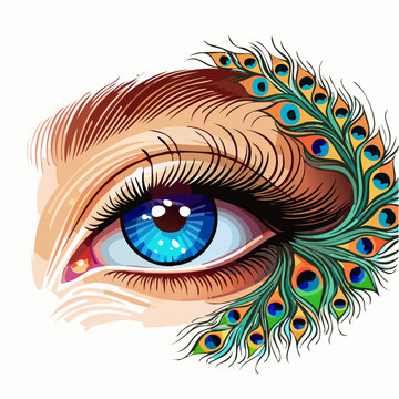 Artystyczny, kreatywny makijaż oka z pawimi pi&oacute;rami. Koncepcja piękna, mody i ekstrawagancji.