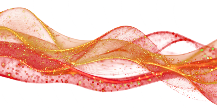 Gold and red glowing abstract waves on a transparent background. New Year's mood. Sparkling light effects. Elegant festive style.
