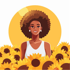 Portret pięknej, czarnoskórej kobiety z fryzurą afro na polu słoneczników. Koncepcja lata, szczęścia i naturalnego piękna.