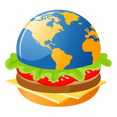 Koncepcyjna ikona hamburgera z globusem Ziemi. Koncepcja międzynarodowej kuchni i globalnego rynku żywności.