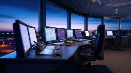 Modern airport control tower at dusk, showcasing advanced technology and monitors with vibrant city lights outside