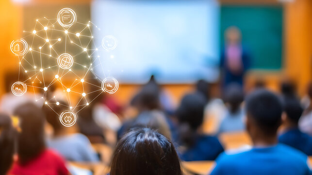 Classroom with students attending a lecture, featuring an overlay of interconnected digital icons symbolizing technology and education. - Powered by Adobe