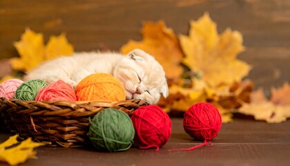 Cute kitten sleeping in autumn basket