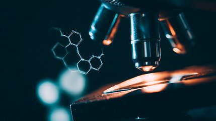 Microscope examining a sample with molecular structure overlay in a laboratory setting