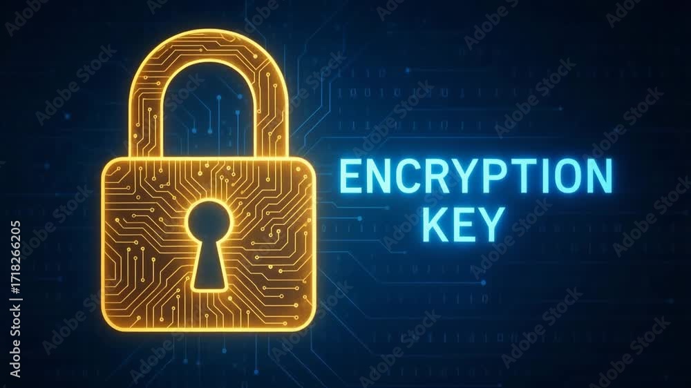 Poster a digital encryption key represented by a glowing padlock and circuit patterns against a blue backgr