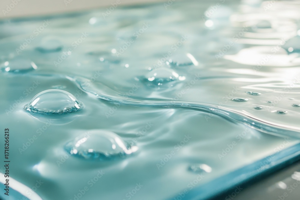 Poster close-up of water droplets on a smooth surface reflecting light and creating ripples