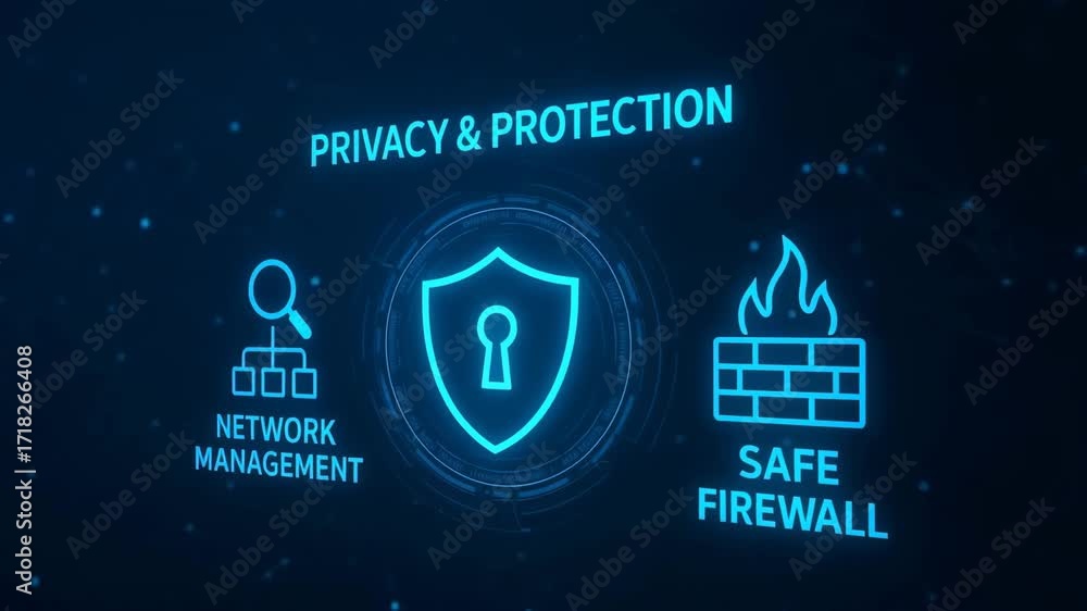 Poster visual representation of network management and cyber protection through icons showcasing safety mea