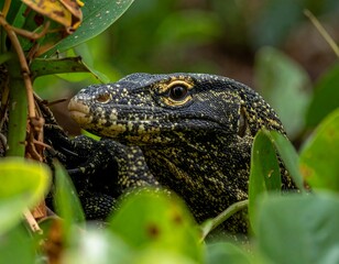 Obraz premium Close-up of a reptile's head amidst foliage