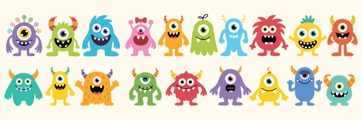Monster Set for Halloween, Kawaii Cartoon Characters with Teeth, Eyes, Horns, and Hands, Funny Boo Faces, Childish Style, Flat Design, White Background, Vector.