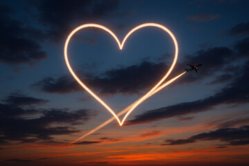 Airplane trails forming a glowing heart across the sky