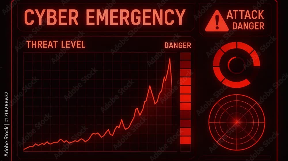 Poster a digital display indicating a cyber emergency with threat levels shown in red, illustrating the urg