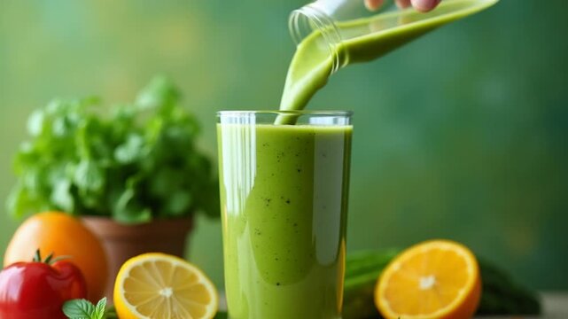 Pouring Organic Freshly Squeezed Green Vegetable and Fruit smoothie Into the Glass. Healthy and vegetarian food concept. Ultra 4K