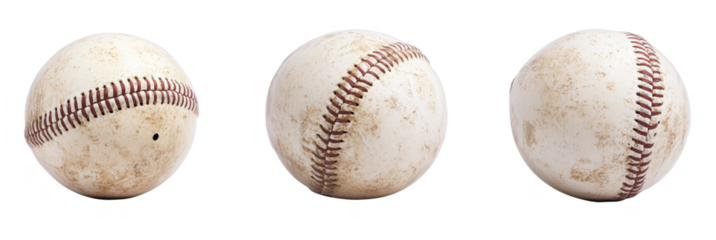 Baseball collection showcasing different angles of worn baseballs with stitching details, isolated on transparent background