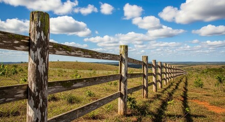 Obraz premium A weathered wooden fence extends across a rolling grassy landscape under a bright blue sky with scattered white clouds casting long shadows on the ground