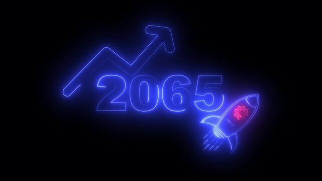 Blue neon 2065 year with upward arrow graph and rocket ship icon on black background new year