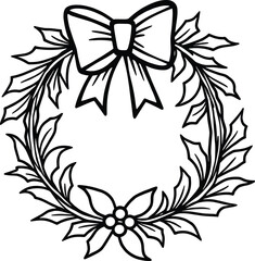 Simple Christmas wreath outline with ribbon, minimal festive holiday decoration