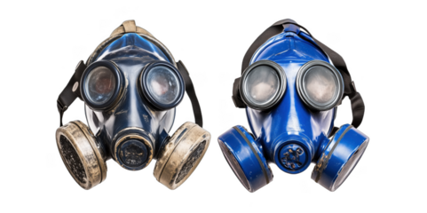Blue gas masks side by side showcasing different conditions and designs, clean PNG
