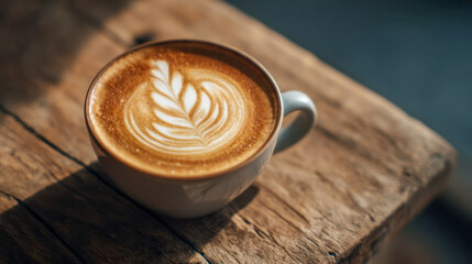 Warm cappuccino with leaf latte design in white mug on rustic wooden table, cozy coffee atmosphere