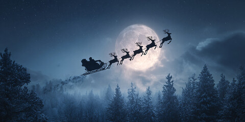Santa Claus flies across the night sky in a sleigh with reindeer. Shining moonlight. Magical Christmas scene. Winter forest. New Year's Eve.