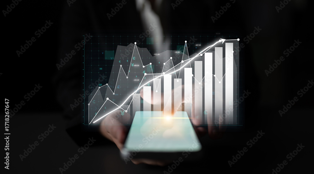 Aufkleber this image illustrates the concept of data analysis with dynamic graphs rising from a smartphone, em