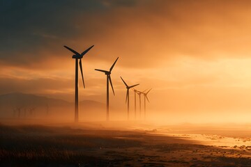 Wind turbines at sunset in a misty landscape, representing renewable energy, sustainable power, and the beauty of clean electricity.