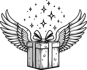 Gift box with angel wings and stars, magical holiday present sketch