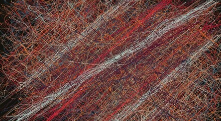 A chaotic web of colorful lines on a dark background art