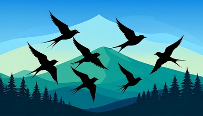 Birds Flying Over Mountains.