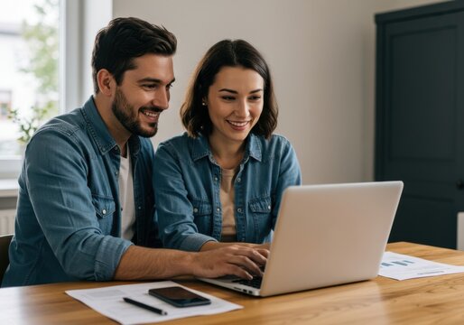 A smiling couple collaborates on a laptop sharing a moment of connection and productivity at a wooden table