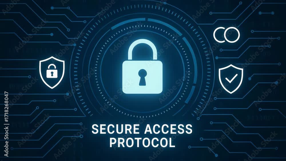 Poster visual representation of secure access protocol with digital lock icon and security symbols on a tec