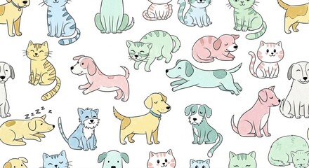 Delightful pastel pet pattern featuring playful dogs and cats, perfect for adding charm and whimsy to any project needing adorable animal designs