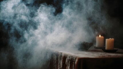 Mysterious white smoke swirls around a ritual table with lit candles and a bowl in dim atmospheric light