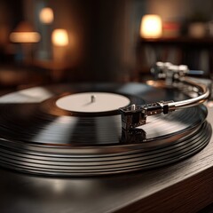 Vinyl Record Player Close-up with Warm Lighting and Detail