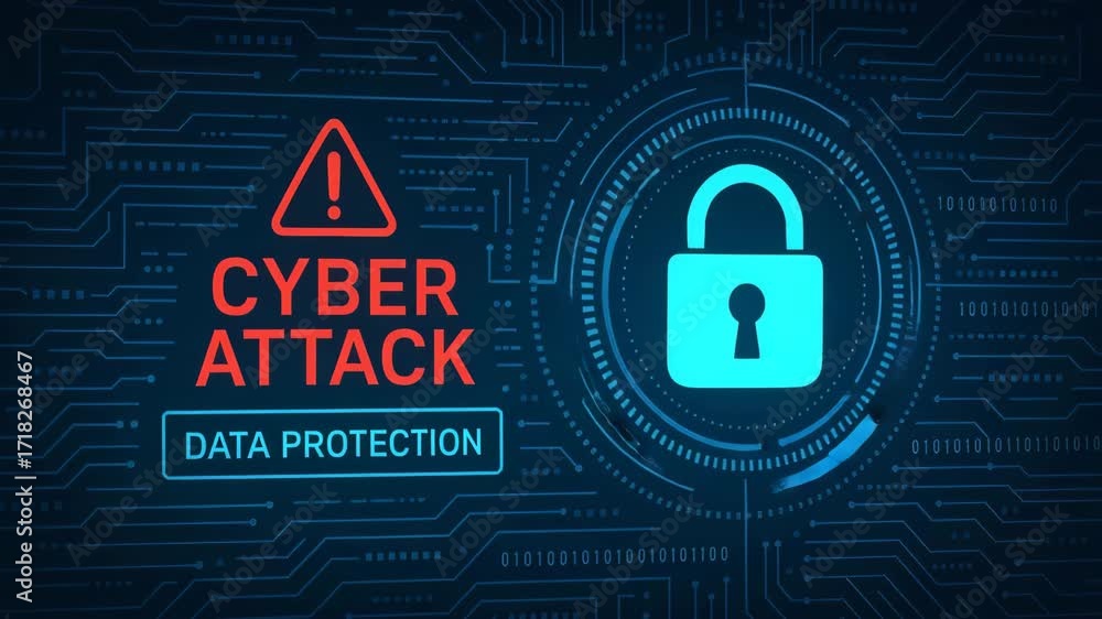 Aufkleber a visual representation of cybersecurity, featuring a padlock symbol and warnings about cyber attack