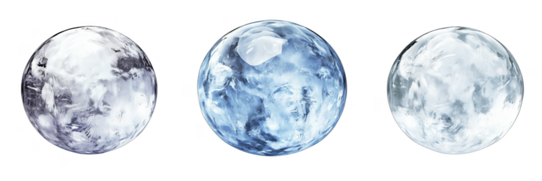 Colorful translucent glass orbs with swirling patterns and reflections, detailed object