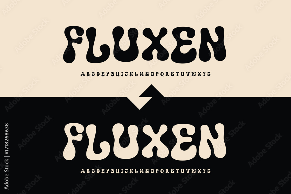 Poster retro groovy font design with uppercase letters and lowercase alphabet