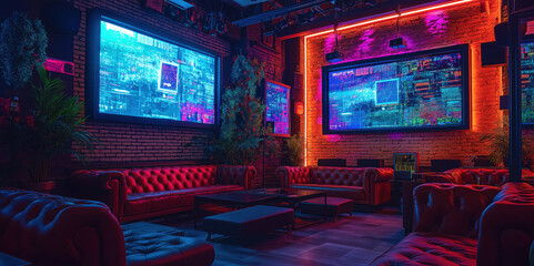 Modern lounge with vibrant neon lights and large screens displaying digital content, flat lay composition