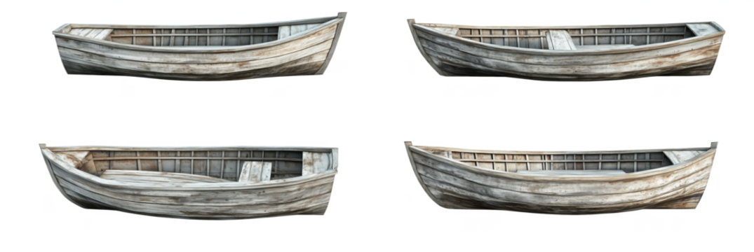 Detailed 3D Model of Weathered Wooden Boat from Multiple Angles, clean PNG