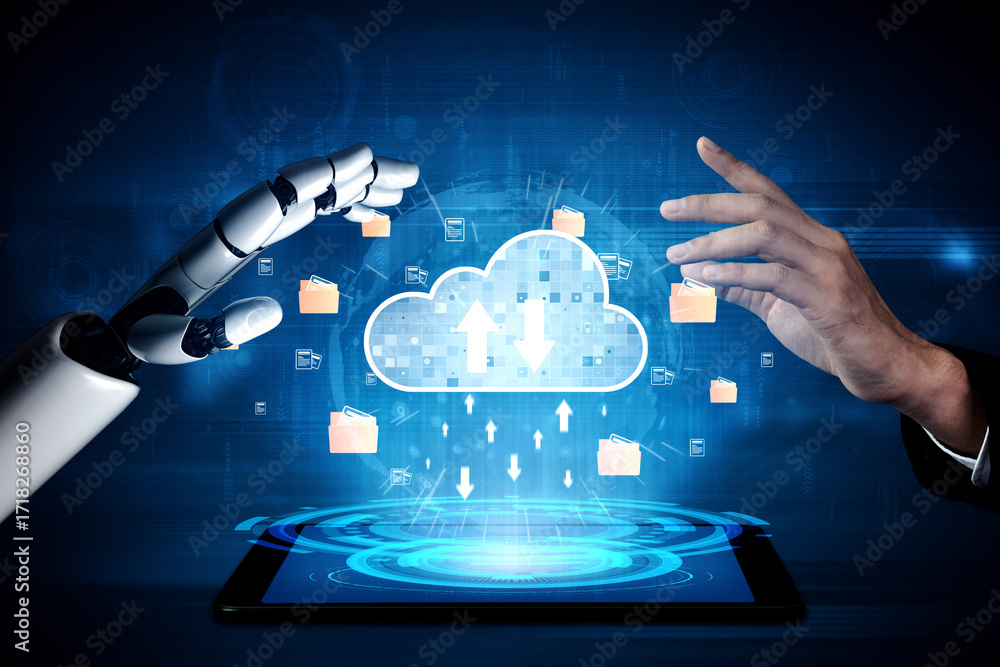 Poster ai artificial intelligence optimizes cloud infrastructure with virtual assistants and intelligent au