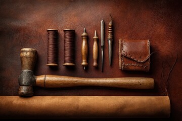 Traditional leather crafting tools, thread, and pouch on a rich brown leather background