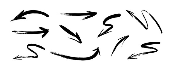 Set of hand-drawn arrows in a grunge black ink brush stroke style for navigation signs and doodle design elements, isolated on white background, vector illustration.