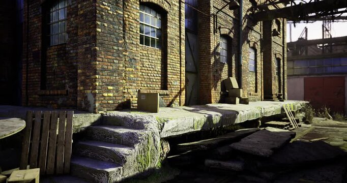 Abandoned industrial area features worn brick walls and overgrown pathways. Sunlight casts shadows across the uneven ground where random boxes and debris are scattered about.
