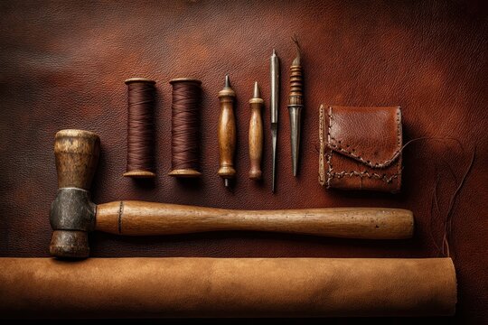 Traditional leather crafting tools, thread, and pouch on a rich brown leather background - Powered by Adobe