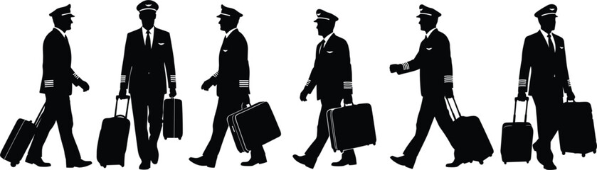 Pilots in black and white silhouette, wearing uniforms and carrying luggage, representing the aviation profession, air travel, and a journey, isolated on a white background.