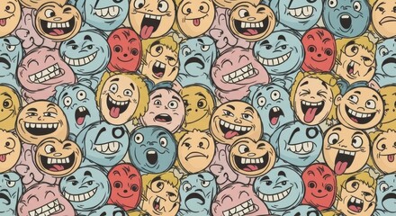 Vibrant and playful cartoon emoji faces create a fun, whimsical background perfect for creative projects and social media designs, guaranteed to grab attention