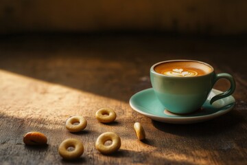 Warm coffee cup with delicate latte art and snacks on wooden table during afternoon light