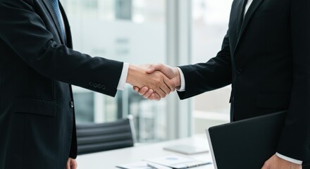 Two business people shaking hands in an office setting agreement concept.